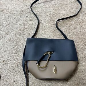 ZAC POSEN Two-Tone Navy and Taupe Crossbody/Bucket Bag with Gold Hardware